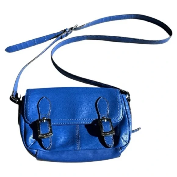 Tignanello Leather Crossbody Bag Blue Adjustable Strap Colorful Striped Lining - Picture 1 of 15